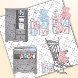 May include: A nursery room with a gray dresser, a changing table, a rocking chair, and a set of alphabet blocks that spell "BABY". The blocks are pink and blue with a teddy bear on top of each block.