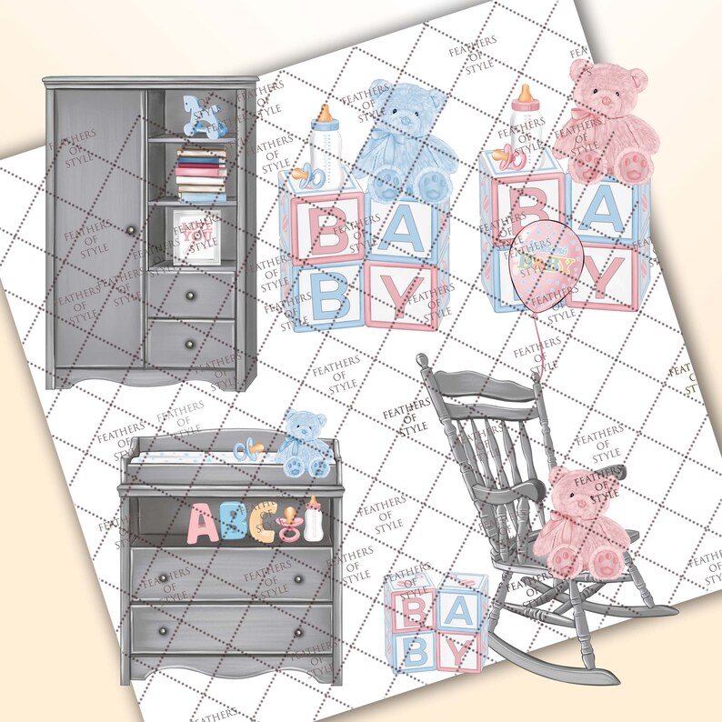 May include: A nursery room with a gray dresser, a changing table, a rocking chair, and a set of alphabet blocks that spell "BABY". The blocks are pink and blue with a teddy bear on top of each block.