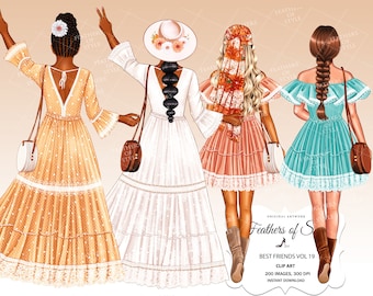 Boho Black Girls Clipart, Hippie girl clipart, Boho hippie best friends clipart, Soul sisters clipart, Besties clipart, Friends clipart