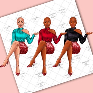 May include: Three digital illustrations of women wearing red, black, and turquoise tops with red sequined skirts and red high heels. The women are bald and have brown skin.