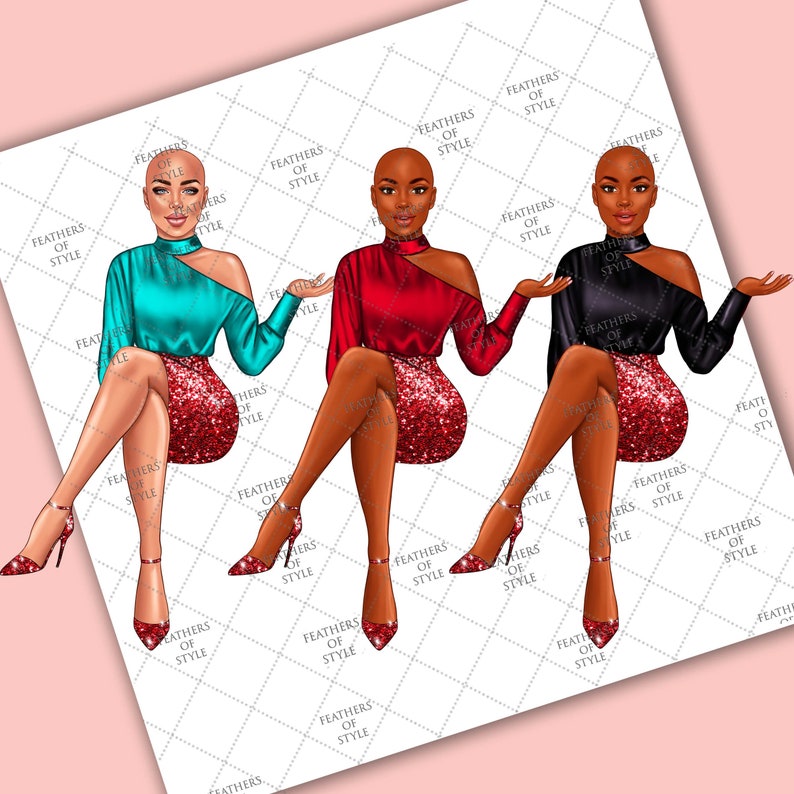 May include: Three digital illustrations of women wearing red, black, and turquoise tops with red sequined skirts and red high heels. The women are bald and have brown skin.
