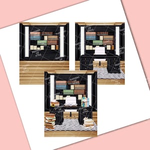 May include: A black office desk with a white laptop, a black chair, and a black bookcase filled with books. The desk is on a wood floor with a black and white patterned rug.
