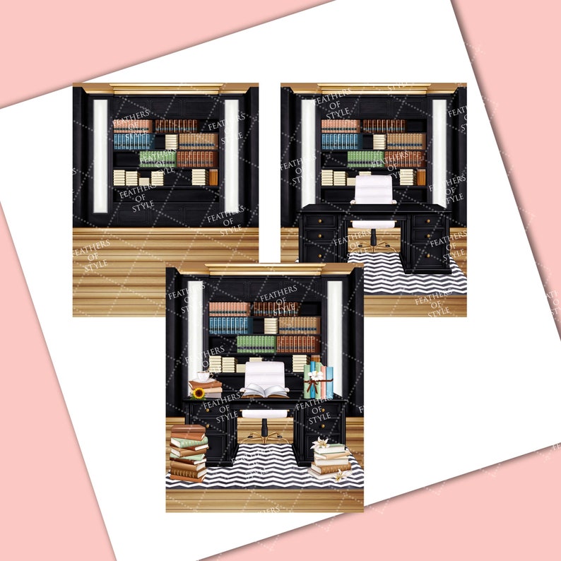 May include: A black office desk with a white laptop, a black chair, and a black bookcase filled with books. The desk is on a wood floor with a black and white patterned rug.