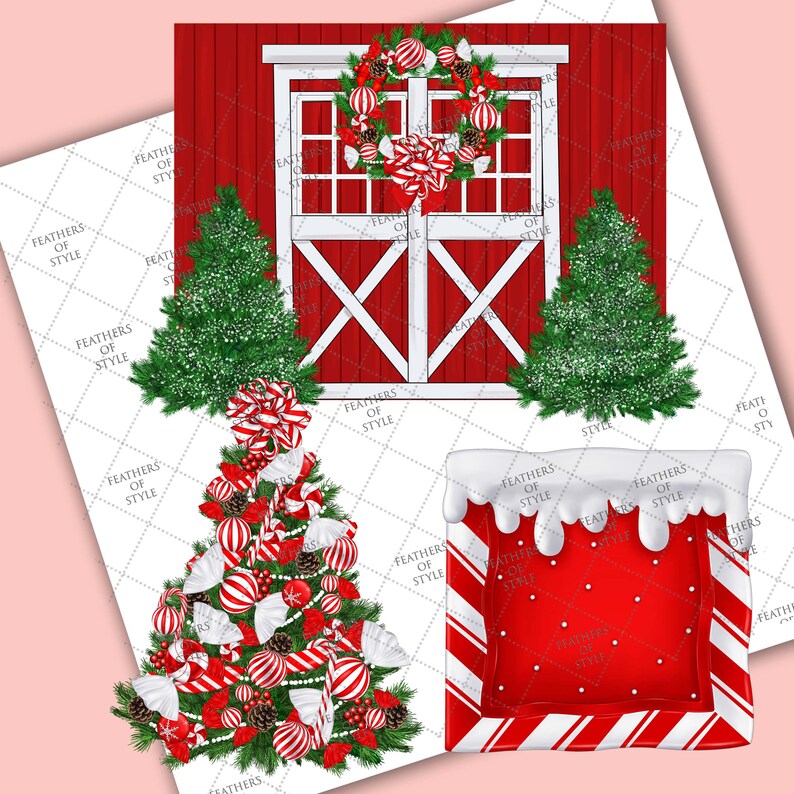 K&ouml;nnte beinhalten: Eine rote Scheune mit einer wei&szlig;en T&uuml;r und einem Kranz dar&uuml;ber. Es gibt zwei Weihnachtsb&auml;ume, die mit Zuckerstangen, Kugeln und Schleifen geschm&uuml;ckt sind. Es gibt auch zwei rot-wei&szlig;e Zuckerstangen-Str&uuml;mpfe mit wei&szlig;em Schnee oben drauf.