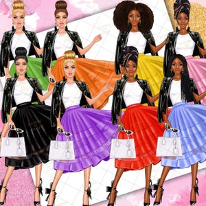 May include: Eight digital illustrations of women wearing black leather jackets, white shirts, and colorful skirts. Each woman is holding a white handbag and wearing sunglasses. The women have different hairstyles and skin tones.