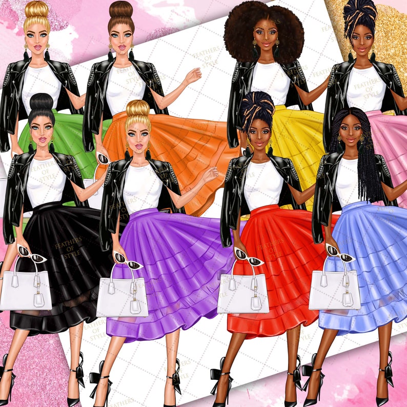 May include: Eight digital illustrations of women wearing black leather jackets, white shirts, and colorful skirts. Each woman is holding a white handbag and wearing sunglasses. The women have different hairstyles and skin tones.