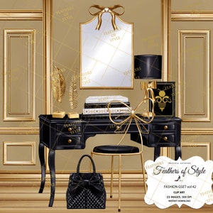 May include: A black and gold vanity set with a black desk, chair, and handbag. The desk has a gold trim and a gold bow on top. The chair has a gold base and a black seat. The handbag is black with a gold bow. The background is a gold and brown patterned wall.
