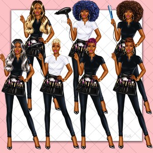 May include: Six illustrations of women with different hairstyles and makeup, each wearing black pants and a black apron with a variety of makeup brushes and tools.
