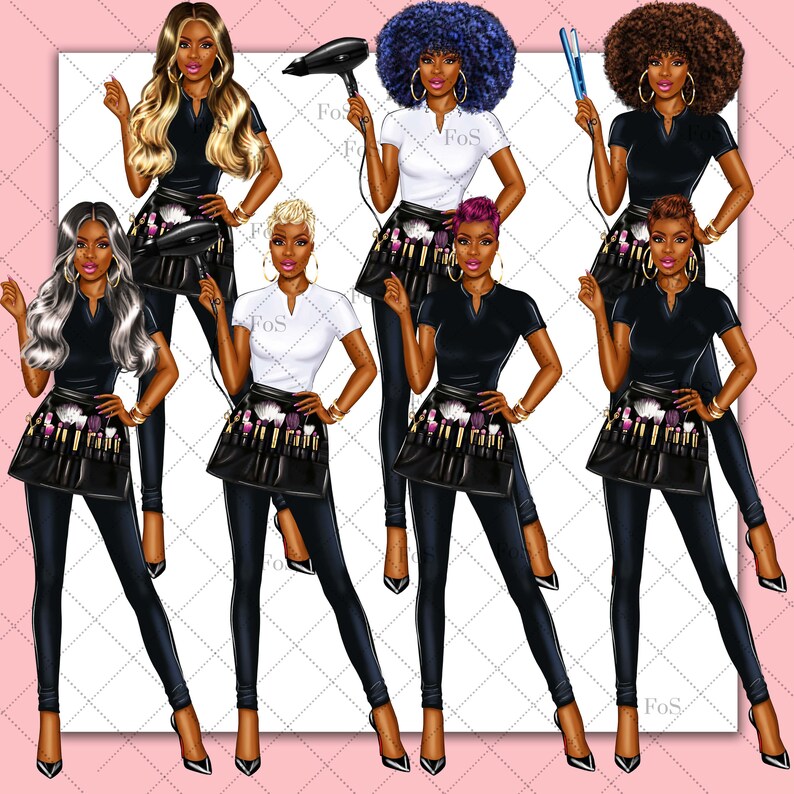 May include: Six illustrations of women with different hairstyles and makeup, each wearing black pants and a black apron with a variety of makeup brushes and tools.