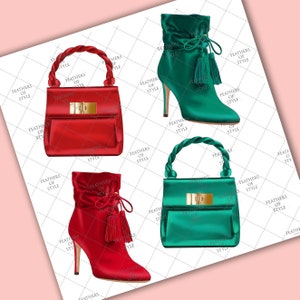 May include: Two pairs of shoes and handbags in red and green. The shoes are ankle boots with a tassel detail. The handbags are small and have a top handle.