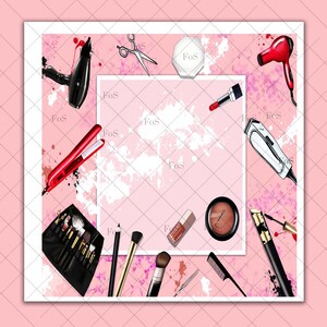 May include: A pink background with white splatters and various beauty tools, including a hair dryer, curling iron, scissors, a makeup brush set, a lipstick, a compact, a nail polish bottle, an eyebrow razor, and a mascara wand.