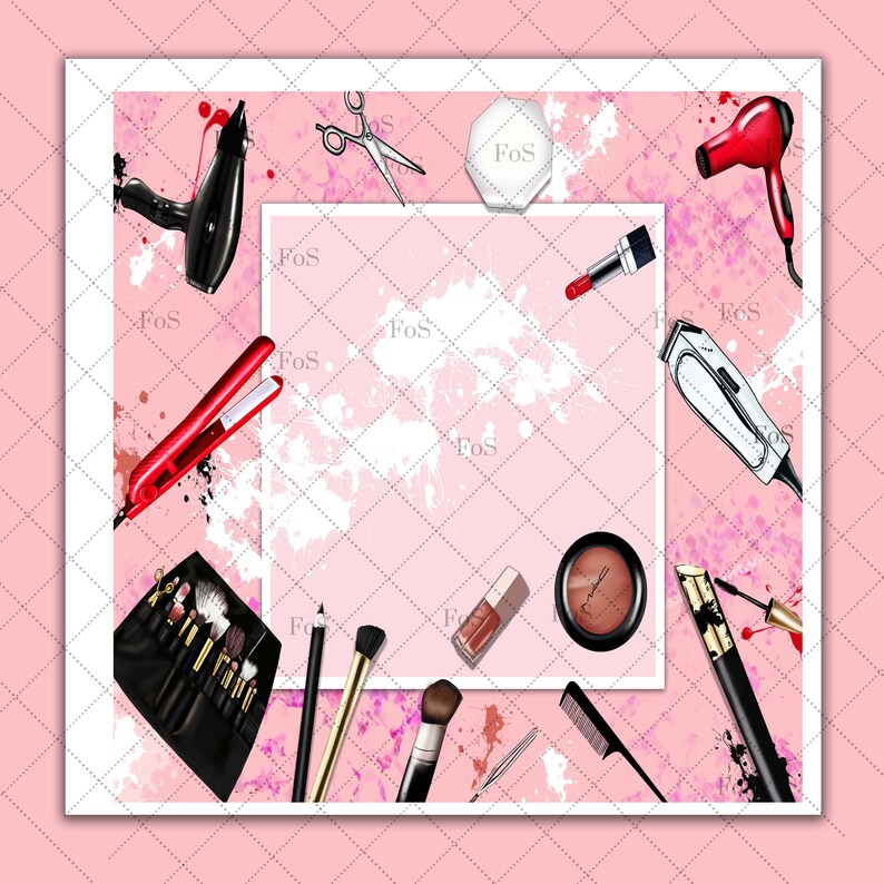 May include: A pink background with white splatters and various beauty tools, including a hair dryer, curling iron, scissors, a makeup brush set, a lipstick, a compact, a nail polish bottle, an eyebrow razor, and a mascara wand.