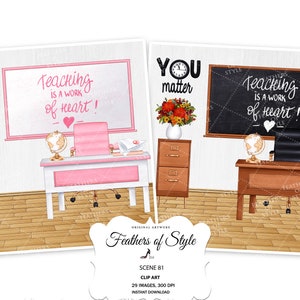Peut inclure: Deux sc&egrave;nes de classe avec des bureaux, des chaises et des tableaux noirs. La sc&egrave;ne de gauche est rose avec le texte "You matter" et "Teaching is a work of heart!" La sc&egrave;ne de droite est marron avec le texte "You matter" et "Teaching is a work of heart!"