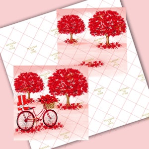 May include: A digital art print featuring red trees with lush foliage and a red bicycle with a basket of flowers. The bicycle has a gift box on the back. The background is a soft pink with a diamond pattern and the text "FEATHERS OF STYLE".