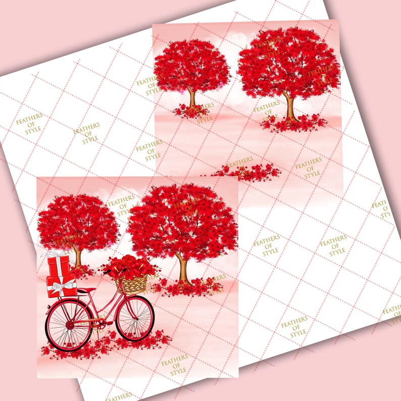 May include: A digital art print featuring red trees with lush foliage and a red bicycle with a basket of flowers. The bicycle has a gift box on the back. The background is a soft pink with a diamond pattern and the text "FEATHERS OF STYLE".