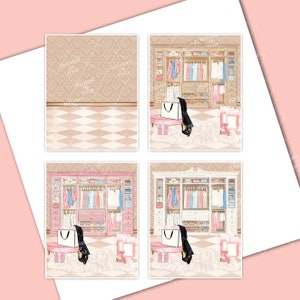 May include: Four digital planner pages featuring a pink and white walk-in closet with clothes, shoes, and accessories. Each page includes a white shopping bag, a pink gift box, and a white fluffy rug.