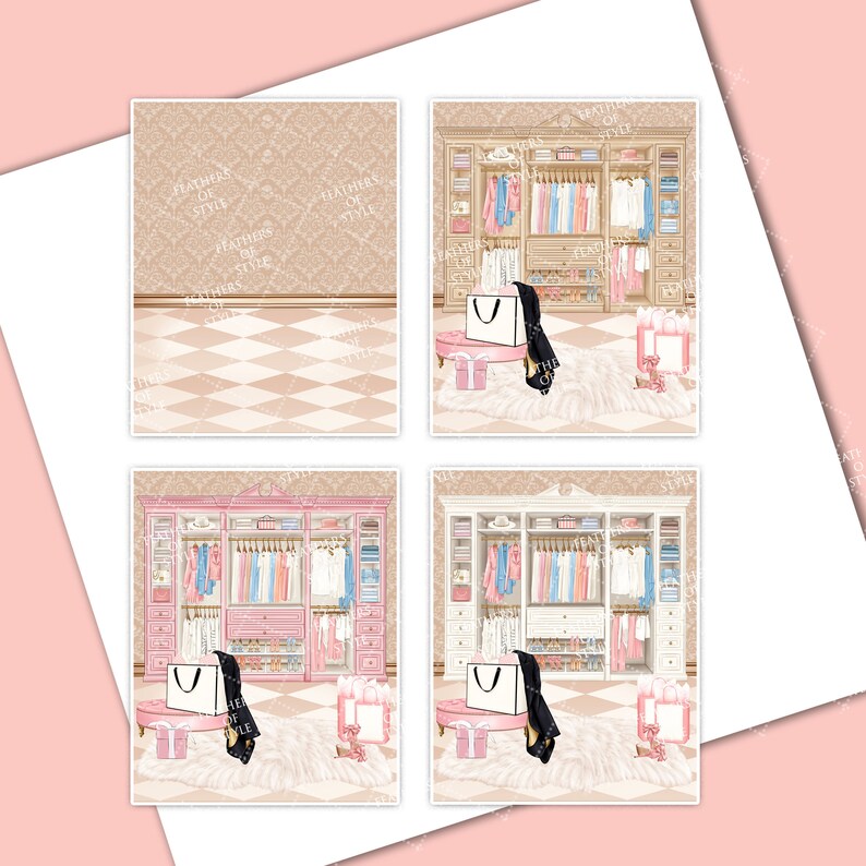 May include: Four digital planner pages featuring a pink and white walk-in closet with clothes, shoes, and accessories. Each page includes a white shopping bag, a pink gift box, and a white fluffy rug.
