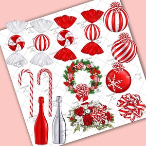 K&ouml;nnte beinhalten: Ein Set digitaler Cliparts mit verschiedenen weihnachtlichen Elementen, darunter Zuckerstangen, Weihnachtskugeln, Kr&auml;nze, Champagnerflaschen und ein Strau&szlig; roter Rosen. Die Bilder sind im Aquarellstil in den Farben Rot, Wei&szlig; und Gr&uuml;n gehalten.