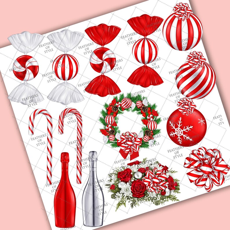 K&ouml;nnte beinhalten: Ein Set digitaler Cliparts mit verschiedenen weihnachtlichen Elementen, darunter Zuckerstangen, Weihnachtskugeln, Kr&auml;nze, Champagnerflaschen und ein Strau&szlig; roter Rosen. Die Bilder sind im Aquarellstil in den Farben Rot, Wei&szlig; und Gr&uuml;n gehalten.