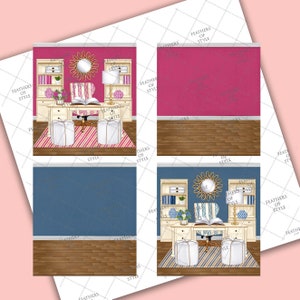 May include: Two digital planner pages featuring a home office design. The first page has a pink wall with a white desk, a white chair, and a pink and white striped rug. The second page has a blue wall with a white desk, a white chair, and a blue and white striped rug.