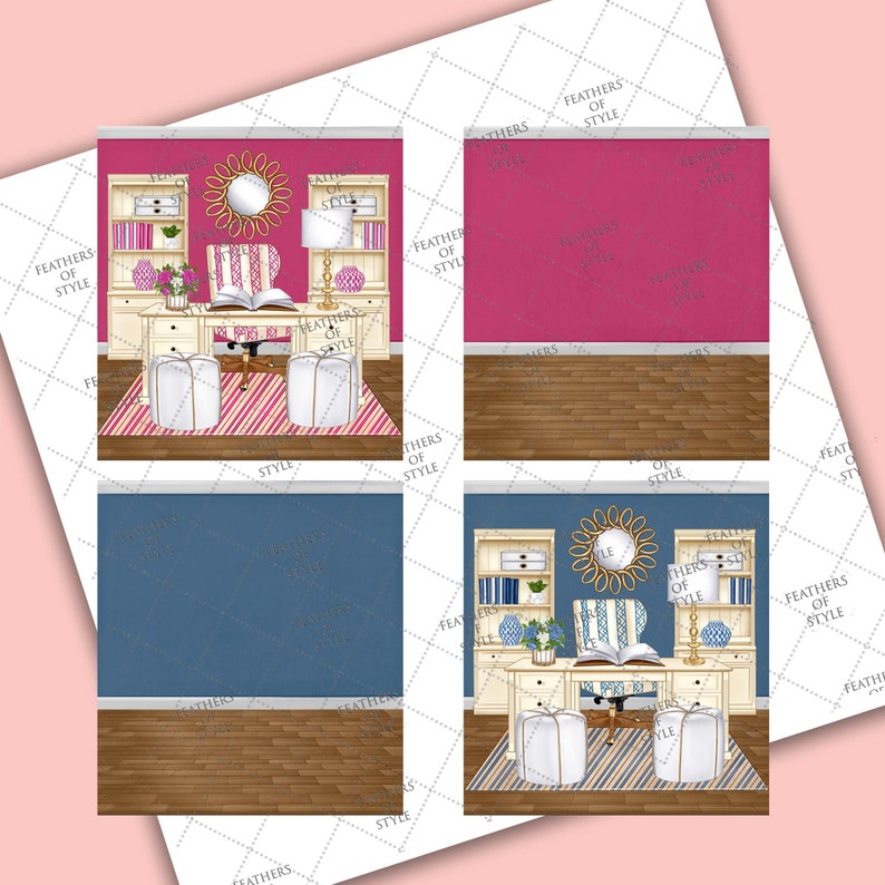 May include: Two digital planner pages featuring a home office design. The first page has a pink wall with a white desk, a white chair, and a pink and white striped rug. The second page has a blue wall with a white desk, a white chair, and a blue and white striped rug.
