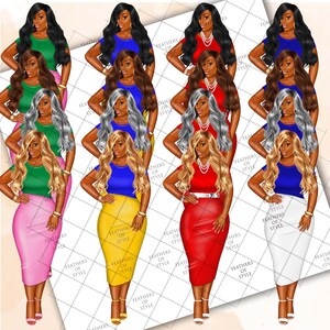 May include: Digital clipart set of 10 illustrations featuring a woman with different hairstyles, clothing, and accessories. The woman is wearing a variety of outfits, including a green top and pink skirt, a blue top and yellow skirt, a red top and red skirt, and a blue top and white skirt. The illustrations are perfect for creating digital products, such as planners, stickers, and social media graphics.