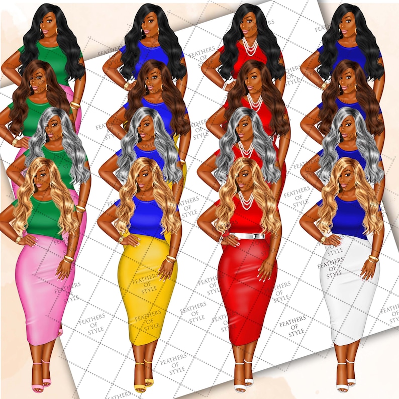 May include: Digital clipart set of 10 illustrations featuring a woman with different hairstyles, clothing, and accessories. The woman is wearing a variety of outfits, including a green top and pink skirt, a blue top and yellow skirt, a red top and red skirt, and a blue top and white skirt. The illustrations are perfect for creating digital products, such as planners, stickers, and social media graphics.