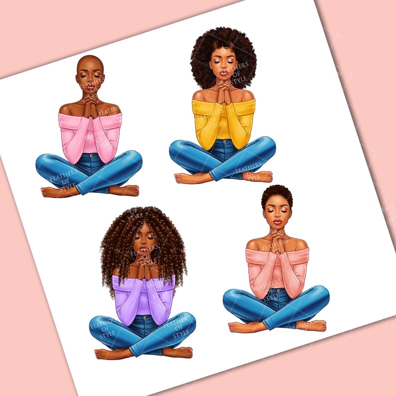 May include: Four digital illustrations of women with different hairstyles, wearing jeans and off-the-shoulder tops, with their hands clasped in prayer.