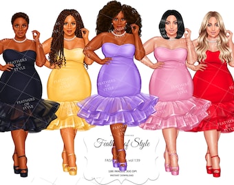 Clipart de garota da moda, Ilustração de moda, Clipart de chefe, Clipart de mulher curvilínea, Clipart de afro-americana, Clipart de garotas afro