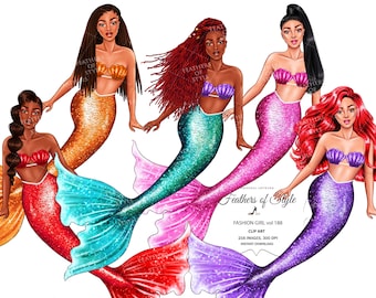 Mermaid Clipart, Dark Skin Mermaid Clipart, Mermaid PNG, Mermaid illustration, Mermaid girl clipart