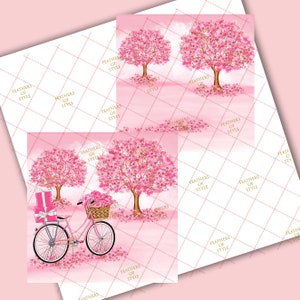 May include: Pink illustration featuring cherry blossom trees and a bicycle with a basket of flowers and gift boxes. The background is a soft pink with a diamond pattern and the text "FEATHERS OF STYLE".