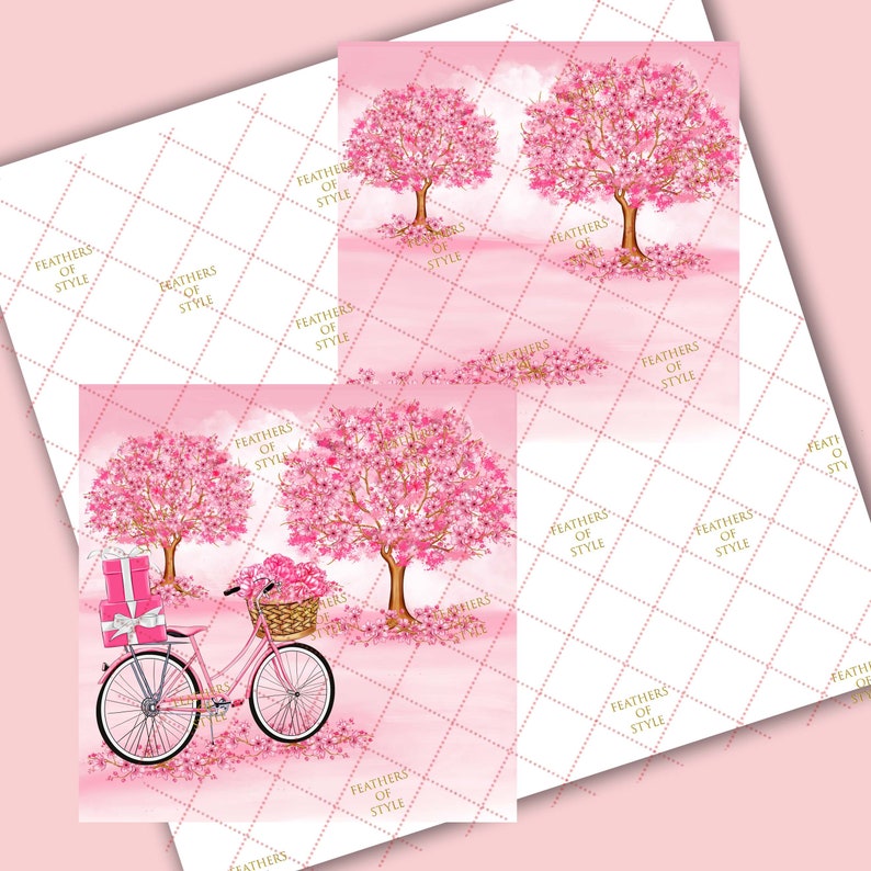 May include: Pink illustration featuring cherry blossom trees and a bicycle with a basket of flowers and gift boxes. The background is a soft pink with a diamond pattern and the text "FEATHERS OF STYLE".