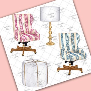 May include: Two office chairs with striped upholstery, one pink and white, the other blue and white. A white lamp with a gold base and a white ottoman with a gold trim.
