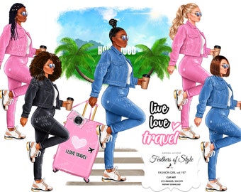 Travel girl clipart, Travel clipart, Denim girl clipart, Fashion girl clipart Jeans Girl Clipart African American clipart Afro girls clipart