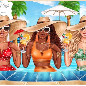 Summer girls clipart, Pool Girl clipart, Beach time clipart, Beach Girls clipart, Fashion girl clipart, Afro girls clipart