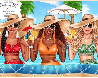 Summer girls clipart, Pool Girl clipart, Beach time clipart, Beach Girls clipart, Fashion girl clipart, Afro girls clipart