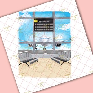 May include: A digital departure board with the word "DESTINATION" displayed above a series of blank squares. A white airplane is visible through a large window behind the board, with two rows of grey benches in the foreground.
