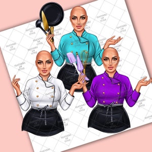 May include: Three illustrations of women chefs wearing different colored chef jackets and black aprons. The chefs are holding various kitchen utensils, including a whisk, spatula, and a frying pan.