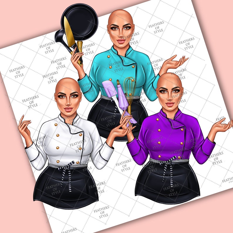 May include: Three illustrations of women chefs wearing different colored chef jackets and black aprons. The chefs are holding various kitchen utensils, including a whisk, spatula, and a frying pan.