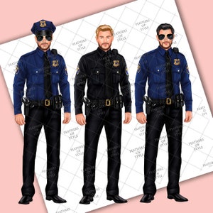 Op de afbeelding: Drie illustraties van politieagenten in uniform. De agenten dragen donkerblauwe of zwarte shirts met lange mouwen, zwarte broeken en zwarte schoenen. Elke agent heeft een badge en een gereedschapsriem. E&eacute;n agent draagt een hoed en een zonnebril.