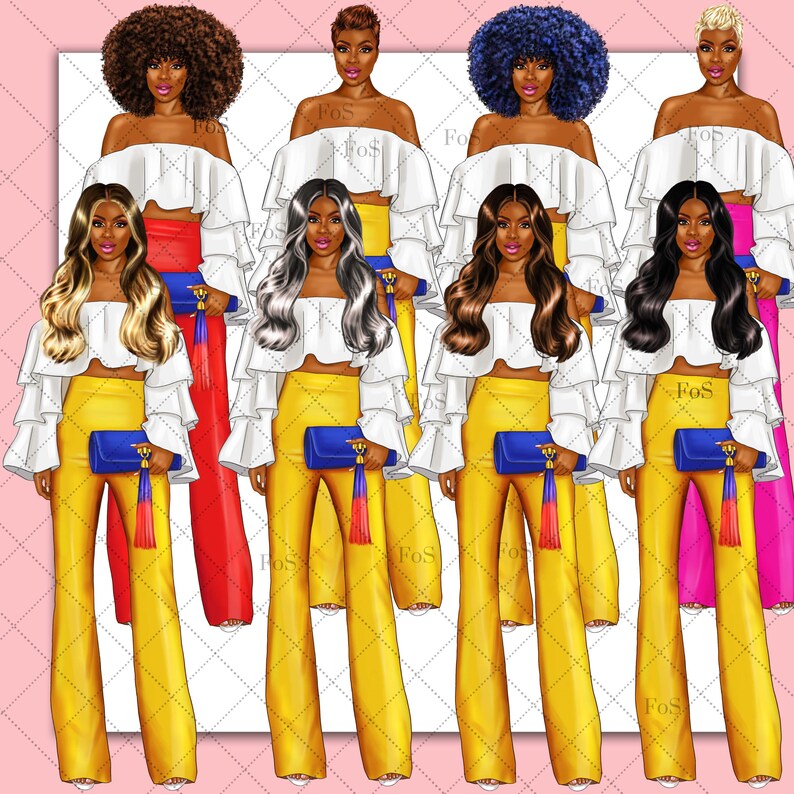 May include: Five illustrations of women wearing off-the-shoulder white tops with ruffled sleeves, yellow pants, and blue purses with red tassels. Each woman has a different hairstyle and skin tone.