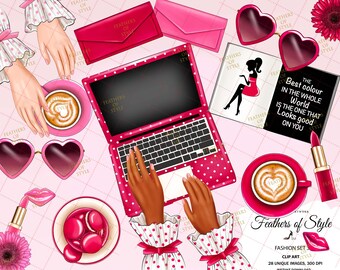 May include: A digital illustration of a pink and white polka dot laptop computer with a pink and white polka dot background. The laptop is open and the screen is black. There are two hands typing on the keyboard. The image also includes a pink and white polka dot coffee cup, a pink and white polka dot book, and a pink and white polka dot lipstick.