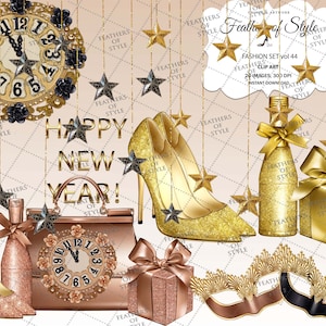 Ensemble de mode du Nouvel An, clipart NYE, clipart accessoires de mode, autocollants planificateur, accessoires clipart ensemble de mode clipart sac clipart