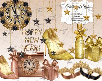 New Year fashion set, NYE clipart, Fashion accessories clipart, Planner stickers, Accessories clipart Fashion set clipart Bag clipart