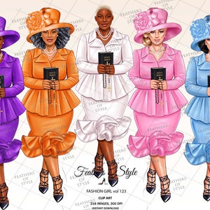 May include: Four women wearing different colored dresses and hats, each holding a book and a rosary. The women are standing in front of a white background with the text "Feathers of Style" repeated throughout the image.