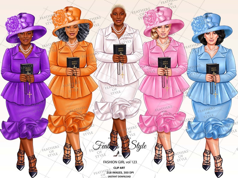 May include: Four women wearing different colored dresses and hats, each holding a book and a rosary. The women are standing in front of a white background with the text "Feathers of Style" repeated throughout the image.