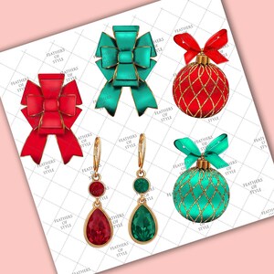 May include: A set of Christmas-themed digital clipart featuring a red bow, a green bow, a red and gold Christmas ornament, and a green and gold Christmas ornament. There are also two pairs of earrings, one with red and gold stones and the other with green and gold stones.