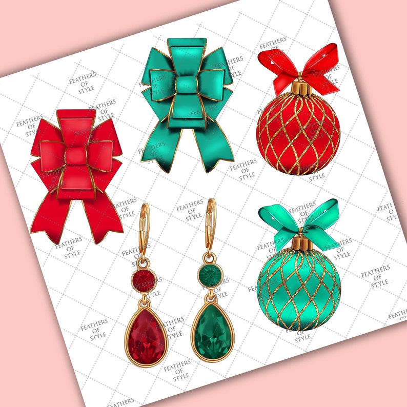 May include: A set of Christmas-themed digital clipart featuring a red bow, a green bow, a red and gold Christmas ornament, and a green and gold Christmas ornament. There are also two pairs of earrings, one with red and gold stones and the other with green and gold stones.