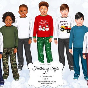Pyjama party clipart, kleine jongens clipart, kinderen clipart, bed tijd clipart, pyjama mode illustraties