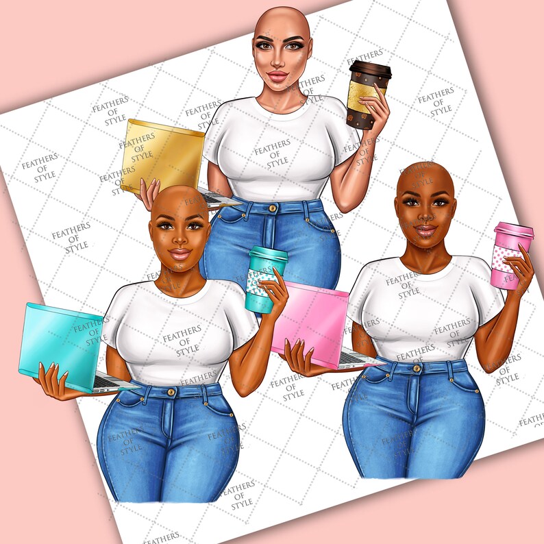May include: Digital illustration featuring three women with shaved heads, wearing white t-shirts and blue jeans. Each woman holds a laptop and a coffee cup. The laptops are gold, pink, and teal. The coffee cups are brown, teal, and pink.